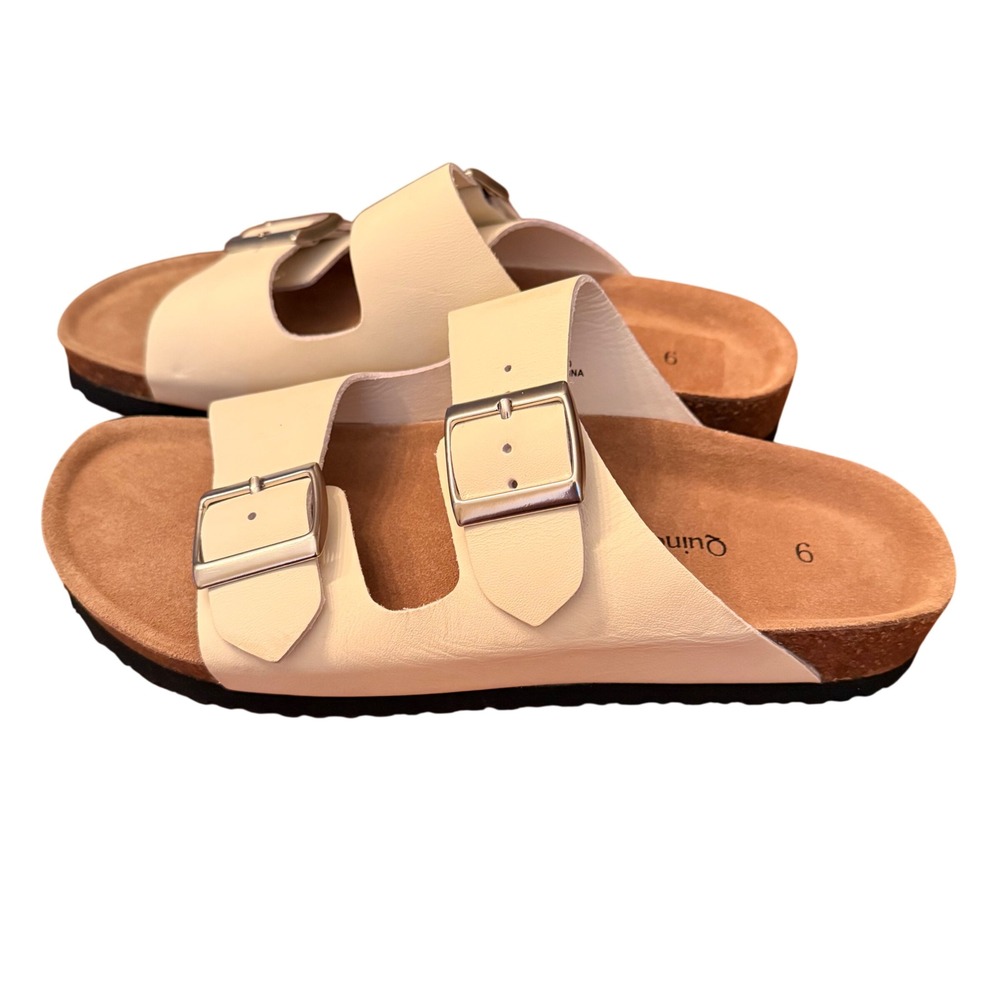 Quince Nappa Cream Leather Double Strap Buckle Cork Slide Sandals Size 9
